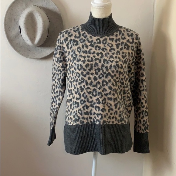 marled reunited clothing •leopard ribbed trim mock sweater - Picture 1 of 8
